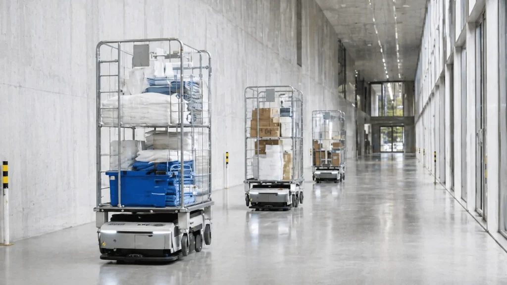 Warenwagen, die von automatisierten Fahrzeugen durch einen Krankenhausflur bewegt werden