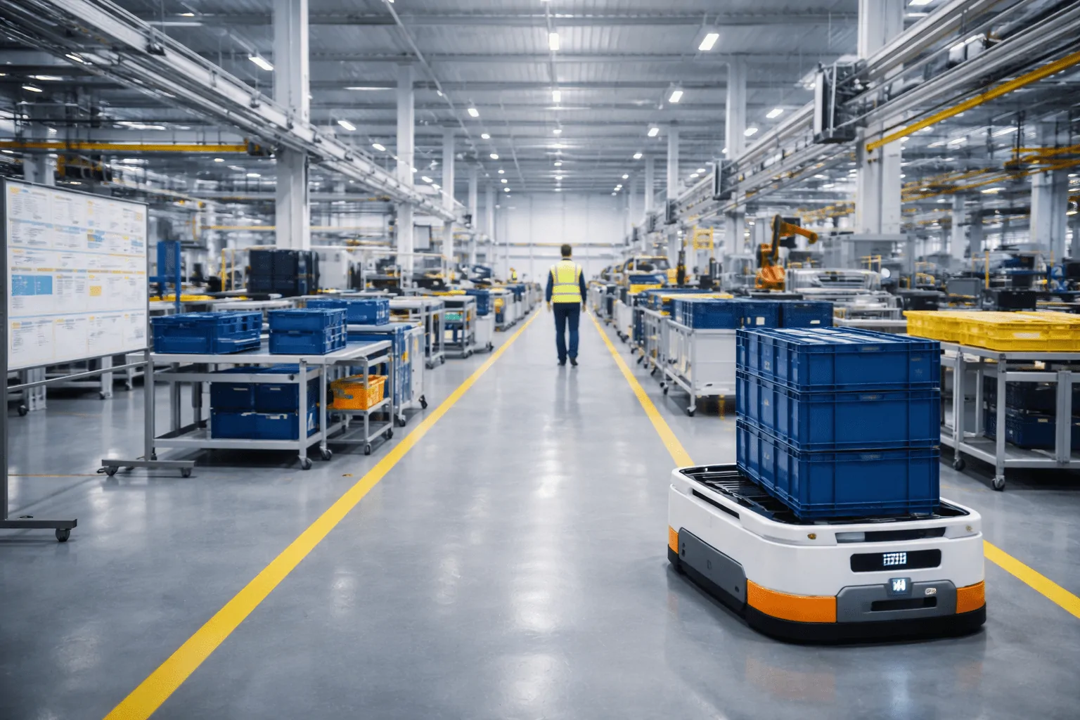 Fahrerloses Transportfahrzeug befördert Waren in einem Produktions- und Logistikumfeld