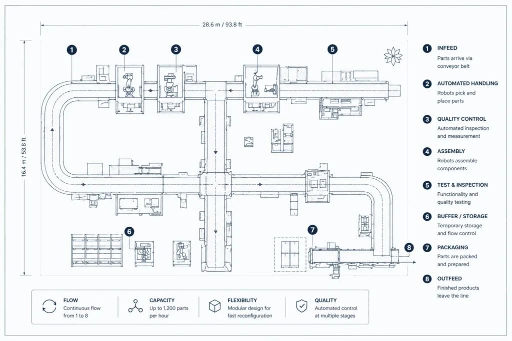 Technische Layoutzeichnung einer automatisierten Produktionslinie und ihres Materialflusses