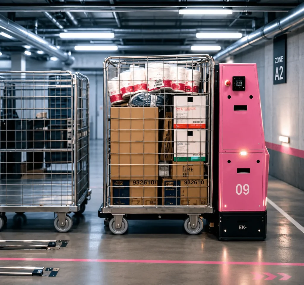 Autonomer mobiler Roboter zieht einen Warenwagen durch einen Krankenhausflur