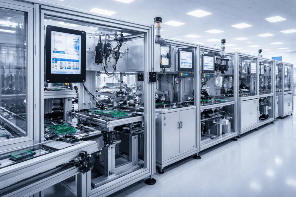 Automated assembly line with robot cells in a clean production hall