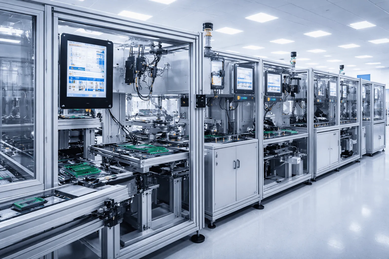 Automatisierte Montagelinie mit Roboterzellen in einer aufgeräumten Produktionshalle