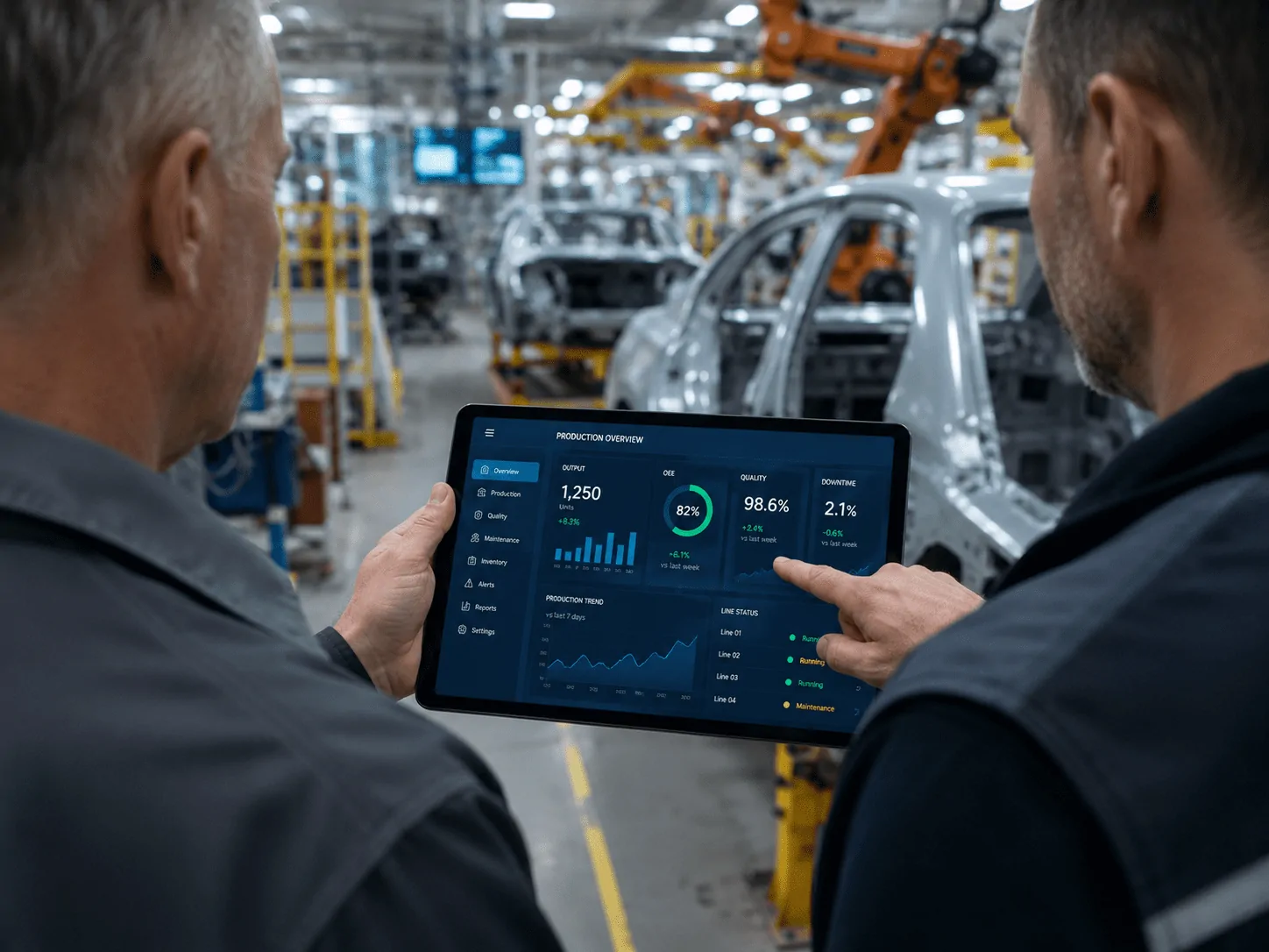 Zwei Kollegen sehen sich Produktionsdaten auf einem Tablet in der Fertigung an