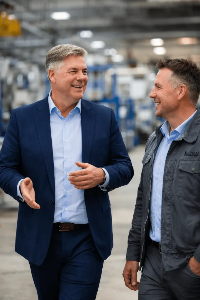 Søren Clausen in conversation with a production employee on the factory floor