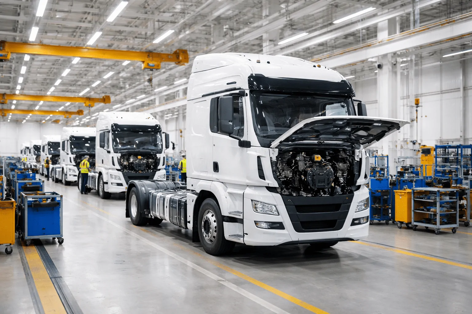 Techniker arbeiten an LKW entlang einer Endmontagelinie