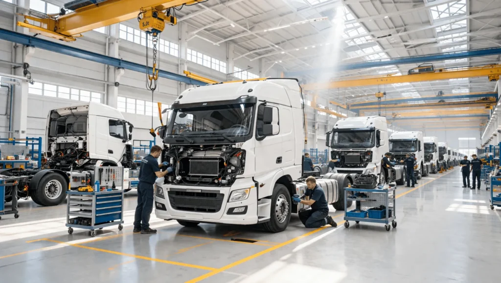 LKW in der Montage mit geöffneten Hauben in einer Produktionshalle