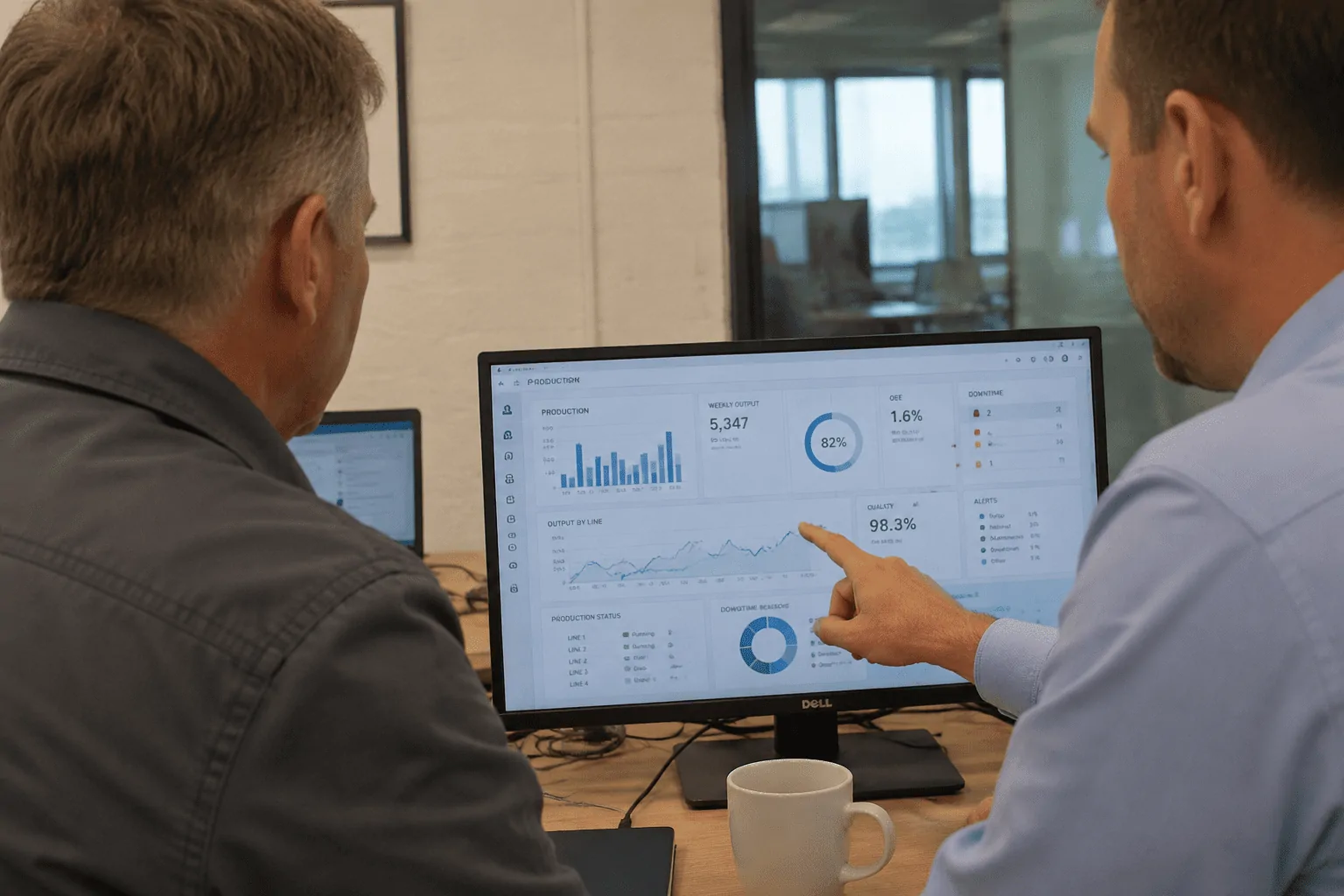 Dashboard mit Produktionskennzahlen auf einem Bildschirm im Fabrikbüro
