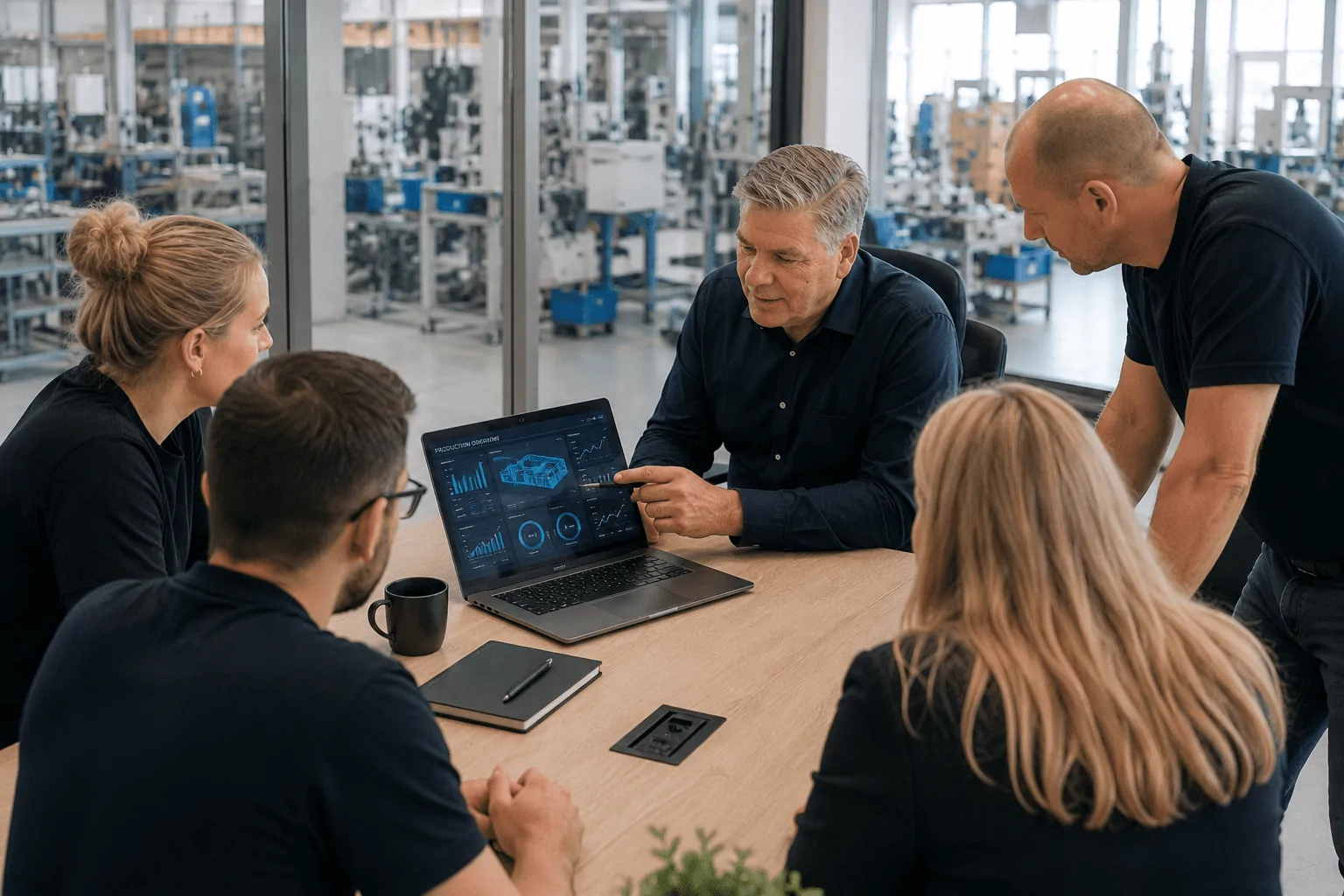 Planungsbesprechung am Laptop während eines Workshops zur Fabrikplanung