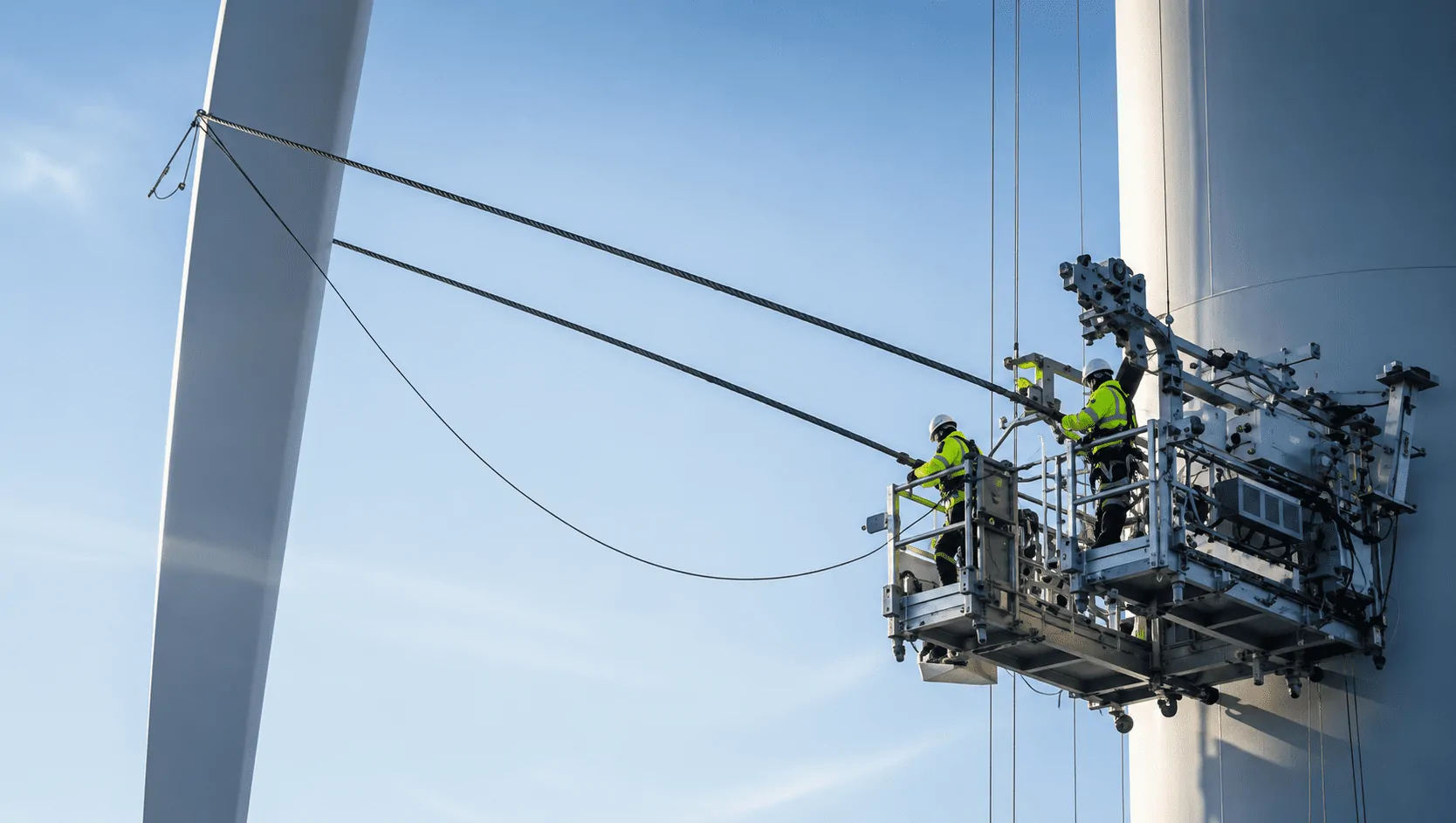 Wartungsplattform an einem Windkraftturm während der Servicearbeiten